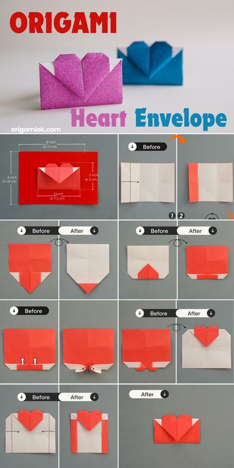 An easy and cute origami envelope with a lovely heart shape, very easy to make and only takes a few minutes, very suitable for origami enthusiasts of all ages. This heart envelope has a charming heart design, making it perfect for special letters for your loved one. Whether it’s for Valentine’s Day or any other special day, send a message to friends and family, this heart envelope will make your message even more special and heartfelt. Origami Heart Note, Origami Love Letter, Love Letter Origami, Heart Letter Origami, How To Make A Cute Envelope, How To Fold An Envelope Out Of Paper, Origami Letter Folding, Folding Letters, Origami Heart Envelope