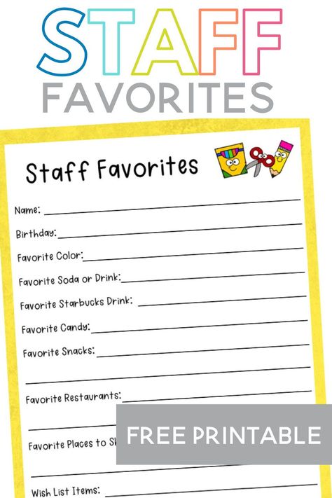 Staff Information Sheet, Staff Favorites Sheet, Staff Favorites Questionnaire, Staff Likes Survey, Favorite Things Teacher Printable, Just A Few Of Your Favorite Things Form, Teacher Favorites List, Favorite Things List For Teachers, Teacher Information Sheet For Gifts