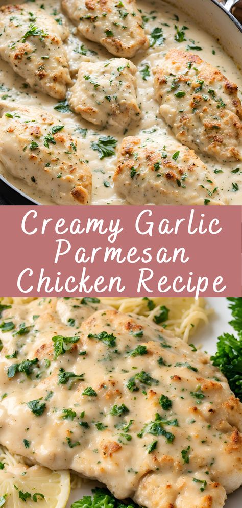 Garlic Cheese Chicken, Garlic Cream Cheese Chicken, Chicken Things Recipes Dinners Oven, Chicken In Parmesan Cream Sauce, Recipes With Garlic Parmesan Sauce, Chicken Cheese Crockpot Recipes, Easy Meals To Cook For Dinner, Recipe With Parmesan Cheese, Easy Creamy Garlic Chicken