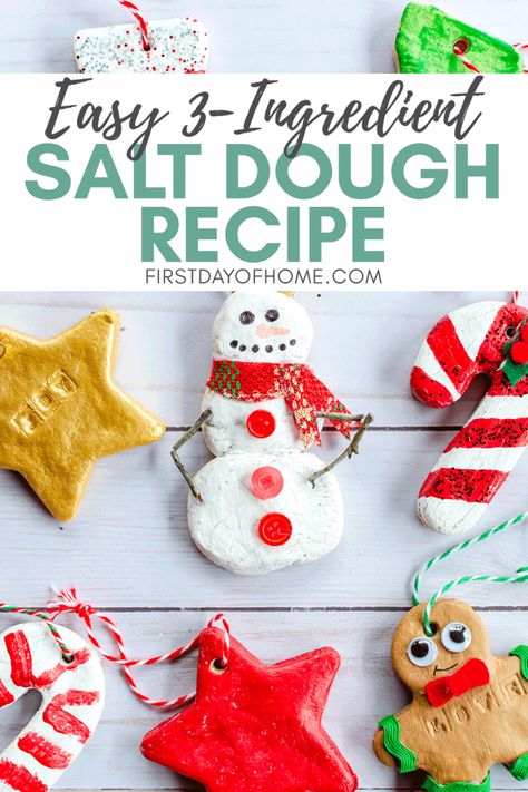 This quick and easy salt dough ornament recipe is easy enough for the kids to make! You need only 3 ingredients, and you can customize your DIY ornaments with paint, glitter, handprints, thumbprints, stamps and more. Choose to bake the dough or let air dry (no-bake option). You'll want to make salt dough ornaments for every holiday! #saltdoughornaments #saltdough #kidscrafts #christmascrafts #firstdayofhome Easy Salt Dough Ornaments, Salt Dough Ornament, Salt Dough Christmas Ornaments, Salt Dough Crafts, Handprint Ornaments, Salt Dough Ornaments, Dough Ornaments, Kids Christmas Ornaments, Food Ornaments