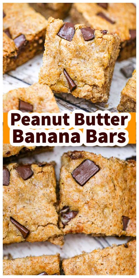 Peanut Butter Banana Recipes, Whole Wheat Blueberry Muffins, Peanut Butter Banana Oats, Oat Chocolate Chip Cookies, Peanut Butter Banana Cookies, Banana Peanut Butter, Banana Bars, Chocolate Chip Bars, Healthy Chocolate Chip