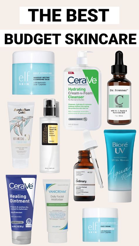 BEST budget skincare - drugstore and affordable skincare products Face Care Routine On A Budget, Facial Care Products Skincare, Skincare Drugstore Products, Drugstore Skincare For Oily Skin, Cheap Drugstore Skincare, Affordable Skincare Routine For Combination Skin, Best Budget Skincare Products, Best Skin Routine For 30s, Best Skin Products For Combination Skin