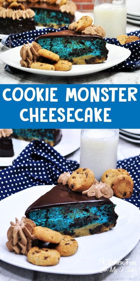 Cookie Monster Cheesecake recipe. Such a fun and delicious treat! #cookiemonster #cheesecake #recipe #dessert #cake #baking #food #foodblogger #yummy Cookie Monster Recipes, Cookie Monster Cheesecake, Monster Cheesecake, Cheesecake With Chocolate Ganache, Cookie Monster Cookies, Ny Cheesecake, Cheesecake With Chocolate, Valentines Breakfast, Cookies And Cream Cheesecake