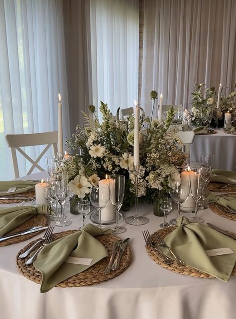 Themes Of Weddings, Dream Wedding Sage Green, Rustic European Wedding, Floral Table Setting Ideas, Shades Of Green For Wedding, Sage Green Table Decorations, Green Foliage Centerpieces, Simple Earthy Wedding Decor, Wedding Table Wreath Centerpieces