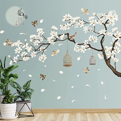 White Cherry Blossom Tree, Tree Wall Painting, Flower Wall Decal, Tree Branch Wall, Tree Mural, White Cherry Blossom, Diy Wall Art Decor, Flower Wall Decals, Wall Drawing