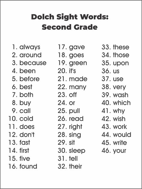 Second Grade Dolch Sight Word List Sight Words Grade Two, Second Grade Sight Words Printables, Grade 2 Sight Word List, 2nd Grade Sight Words, 4th Grade Sight Words, Sight Words Second Grade List, Kindergarten Spelling Words, Dolch Sight Word List Free Printable, Sight Word Worksheets Free