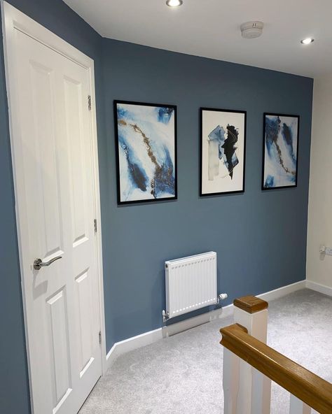 Ta Daa 💙 I absolutely love the landing & I’m so chuffed with how it all turned out ! Dulux - Denim Drift & Desenio prints… | Instagram Blue Hallway Paint, Denim Drift Living Room, Desenio Prints, Hallway Wall Colors, Blue Bedroom Paint, Boys Bedroom Colors, Denim Drift, Blue Kitchen Walls, Hall Colour