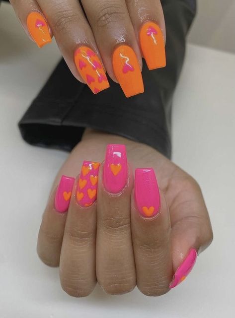 Easy Bright Nail Designs, Blue Pink And Orange Nails, Pink And Orange Nail Art, Orange Heart Nails, Hot Pink And Orange Nails Art Designs, Orange And Hot Pink Nails, Neon Orange Nails With Design, Hot Pink Orange And Yellow Nails, Pink And Orange Acrylic Nails