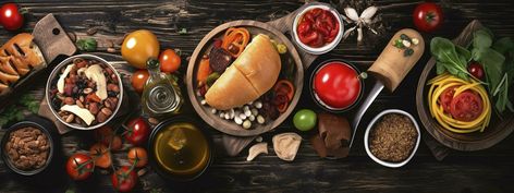 Table scene with a selection of delicious foods. Top view over a dark wood banner background, generate ai Food Banner Background, Food Cover Photo, Food Facebook Cover, Wood Banner, Food Banner, Food Backgrounds, Food Covers, Banner Background, Facebook Cover Photos