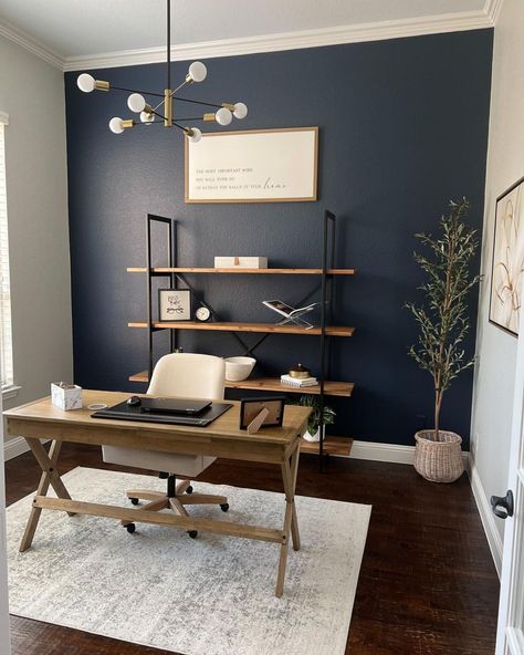 Soul & Lane | Create a stylish home office with a navy accent wall, stained wood desk, and open shelves, as seen on @modernfarmhousebliss. Love the… | Instagram Navy Office Walls, Men Home Office Ideas, Navy Blue Accent Wall, Office Accent Wall, Blue Accent Wall, Navy Office, Navy Accent Walls, Office Decor Organization, Blue Home Offices