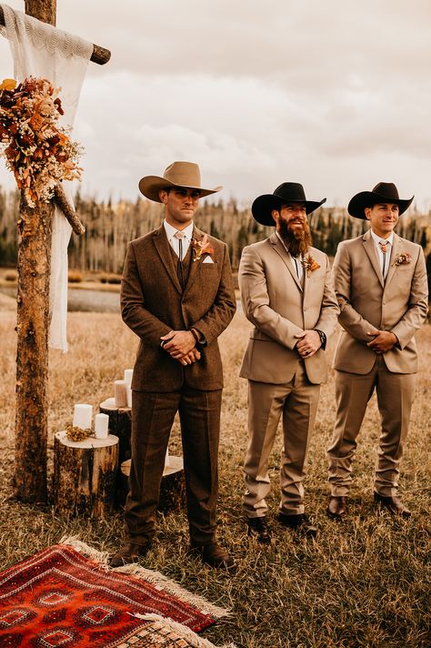 Intimate Fall Colorado Wedding at the Midnight Ranch Fall Country Wedding Groom Attire, Fall Boho Groomsmen Attire, Western Groomsmen Attire Brown, Tan Wedding Suits Western, Men Country Wedding Outfit, Groomsman Western Attire, Men Wedding Outfit Western, Men’s Wedding Suit Western, Rustic Tux Groom Attire