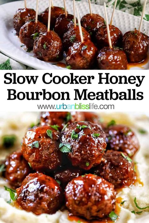 Bourbon Meatballs Crockpot, Honey Bourbon Meatballs, Crockpot Party Food, Bourbon Meatballs, Meatball Appetizer, Easy Meatball, Honey Bourbon, Meatball Recipes Easy, Crockpot Dinners