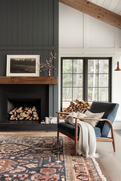 15 Stylish Ideas for a Black Shiplap Fireplace – Everyday Inspo All Shiplap Room, Black Fireplace Bedroom, Shiplap Fireplace High Ceiling, Wood In Fireplace Stacked, Build Around Fireplace, Ahiplap Fireplace, Dark Modern Fireplace, Shiplap With Tile, White Walls With Black Fireplace