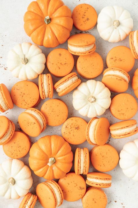 Pumpkin Spice Macarons, Pumpkin Macarons, Pumpkin Spice Cream Cheese, French Macaroon Recipes, Pumpkin Spice Cream, Macaron Filling, Macaron Flavors, Macaron Cookies, French Macaron