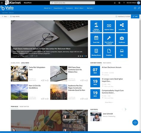 3 Great Examples of SharePoint Intranet Homepages to Inspire You - Klarinet Solutions®, LLC Sharepoint Design Ideas, Sharepoint Design, Sharepoint Intranet, Webpage Template, Project Organization, Employee Recognition, Corporate Style, Internal Communications, Homepage Design