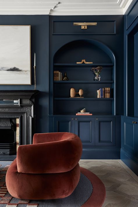 STREATHAM HILL VICTORIAN HOUSE — Blank Slate Studio Autumn Ambiance, Cozy Fall Home, Handcrafted Dining Table, Dark Blue Living Room, Blue Interior Design, Victorian Living Room, Dark Blue Walls, Blue Lounge, Blue Office