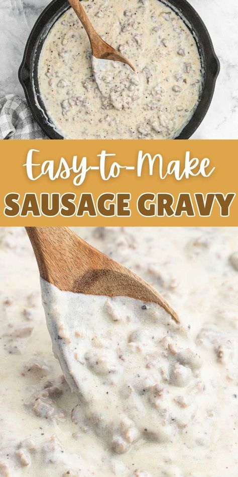 This easy Sausage Gravy Recipe is made with simple ingredients. This homemade sausage gravy recipe is loaded with flavor and delicious served over homemade biscuits. #eatingonadime #sausagegravy #easyrecipe Gf Sausage Gravy, Homemade Sausage And Gravy, How To Make Homemade Sausage Gravy, Peppered Sausage Gravy Recipe, Quick Sausage Gravy, Homemade Breakfast Gravy Easy, How To Make Sausage Gravy Easy, Sausage Gravy And Biscuit Pie Recipe, Mcdonald’s Sausage Gravy