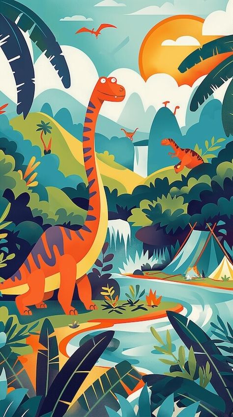 Dinosaur in a landscape with a jungle and river in the background - Zwin Free Cartoon Images, Kids Fest, Dinosaur Jungle, Pottery Idea, Food Cartoon, Dinosaur Art, Creative Learning, Best Photo Poses, Art Drawings For Kids