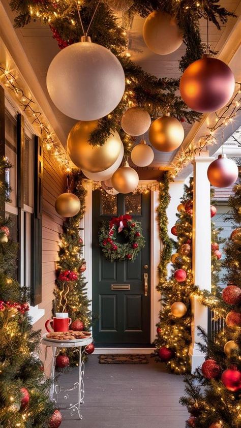 Easy Christmas Porch, Christmas Porch Decor Ideas, Decoration Vitrine, Christmas Decor Inspiration, Christmas Front Porch, Christmas Themes Decorations, Christmas Porch Decor, Christmas Porch, Front Porch Christmas Decor