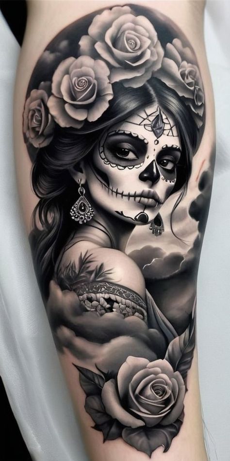 Mexican Tatoos Woman, Mexican Skull Tattoos Women, Charro Tattoo Design, Mexican Inspired Tattoos For Women, Chicano Girl Tattoo, Chicana Tattoo Design, Mexican Tattoo For Women, La Catrina Tattoo, Mexican Heritage Tattoos