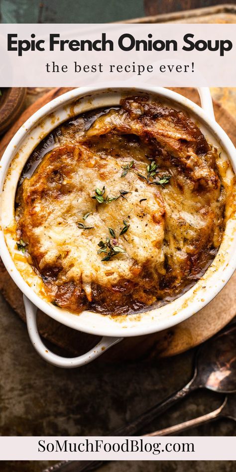 French Onion Soup is without a doubt one of the most comforting and delicious soups out there. If you’ve ever wanted to make restaurant-quality French Onion Soup from scratch, this is your recipe. Homemade French Onion Soup, Best French Onion Soup, So Much Food, Delicious Soups, French Onion Soup Recipe, Onion Soup Recipes, Soup And Stew, French Onion Soup, Homemade Soup