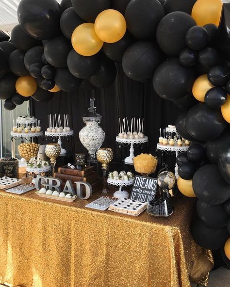 Graduation Sweets Table Ideas, Graduation Head Table Ideas, Candy Table Graduation Party, Chef Graduation Party Ideas, Black Tie Graduation Party Ideas, Desert Table Ideas For Graduation, Graduation Party Sweet Table Ideas, Graduation Tables Ideas, Graduation Party Treat Table Ideas