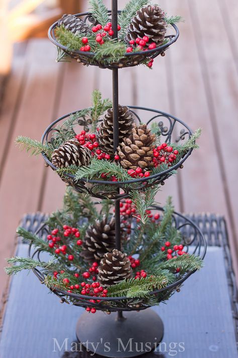 Want ideas for decorating the outside of your home on a budget? These Christmas tree luminaries and other inexpensive decor ideas from Marty's Musings will encourage you to be creative and use natural elements mixed with thrifted purchases. A beautiful home is possible without spending a lot of money! Three Tiered Tray, Christmas Crafts To Make, Fun Christmas Decorations, Easy Christmas Crafts, Noel Christmas, Christmas Kitchen, Christmas Centerpieces, Country Christmas, Christmas Deco