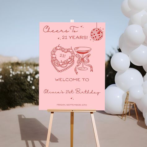 🎉 Customizable 21st Birthday Welcome Sign Template Editable via Canva 🍾 Celebrate your milestone 21st birthday with a stylish and unique welcome sign that will leave a lasting impression on your guests! Our editable Canva template features a chic hand-drawn design, perfect for setting the tone of your unforgettable 21st birthday party. 🥂 ✨ Features: - Chic Hand-Drawn Design: Our trendy and unique hand-drawn artwork adds a touch of elegance and fun to your birthday celebration. - Editable via Canva: Easily customize the text to match your party details, colors, and style using Canva's user-friendly interface. - Three Size Options: Choose the perfect size for your venue with our 8x10", 18x24", and 24x36" options. - Digital Download: Instant access to your template so you can start customi 21st Birthday Entrance Ideas, Luna Montana 21st Birthday, 21 Birthday Decorations Ideas, 21st Party Table Decorations, Ballon Arch 21st Birthday, 21st Birthday Party Venue Ideas, 21st Birthday Welcome Sign, 21st Welcome Sign, 21st Summer Birthday Ideas