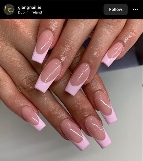 Simple Pink Nails Coffin, Coffin Acrylic Nails French Tip Pink, Medium Length Pink French Tip Nails, Light Pink French Tip Nails With Design, Pastel Pink French Tip Nails Square, Light Pink French Tip Nails Ballerina, Pastel Pink Nails French Tip, Cute Pink Nails French Tip, Clear Nails With Pink Tips