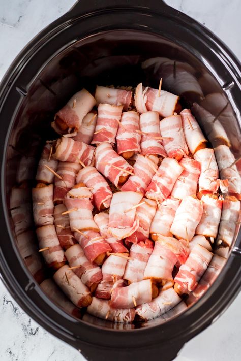 Cooking the sausages in the crockpot. Bacon Wrapped Lil Smokies Crockpot, Crock Pot Bacon Wrapped Smokies, Bacon Wrapped Little Smokies Crockpot, Crockpot Bacon Wrapped Smokies, Bacon Wrapped Smokies In Crock Pot, Bacon Wrapped Smokies Crockpot, Bacon In Crockpot, Little Smokies Crockpot, Wrapped Smokies