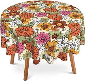 SKYDAWNY 70s Retro Floral Round Tablecloth 60" Diameter for Indoor and Outdoor,Daisy Waterproof Table Cloth Cover Decorative for Party Holiday Dinning Tabletop Home Décor #70s #Retrodecor #Tabelcloth #ThrowbackThursday 60s Decor, Round Tables, Vintage Interior, Cotton Bath Towels, Vintage Barware, 70s Retro, Pool Towels, Retro Home, Retro Decor