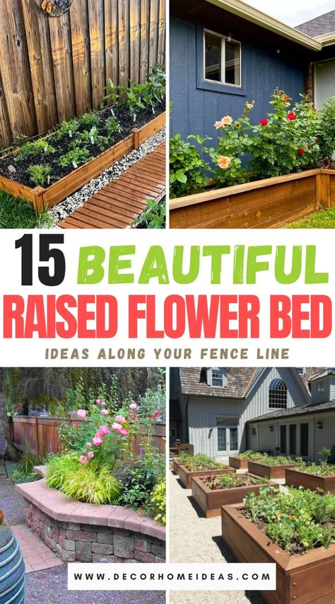 Create a charming garden border with 15 raised flower beds along the fence. These elevated planters not only add visual interest but also provide a practical solution for gardening in limited space, enhancing the beauty of your outdoor area. Raised Flower Bed Ideas, Raised Bed Flower Garden, Outdoor Dining Patio, Raised Flower Bed, Unique Landscaping, Landscaping Along Fence, Backyard Garden Beds, Flower Fence, Roses Lavender