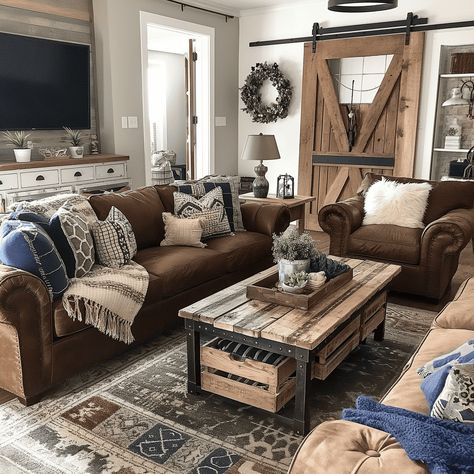 Warm Brown Rustic Living Room with Navy Accents [Room Concept] Western Living Room Brown Couch, Navy Brown And Cream Living Room, Dark Brown White And Blue Living Room, Farmhouse Living Room Dark Brown Couch, Country Themed Living Room Ideas, Brown Blue And White Living Room, Rustic Home Decor With Blue Accents, Rustic Blue Living Room Farmhouse Style, Brown Couch Farmhouse Living Room