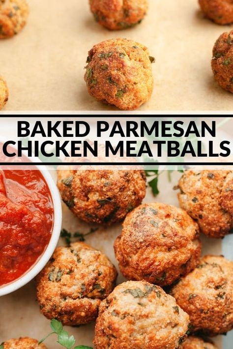 These baked chicken meatballs are flavored with plenty of grated parmesan. This delicious recipe can be enjoyed as an entree or appetizer. Simply serve with your favorite marinara sauce! Keto Chicken Meatballs, Baked Keto Chicken, Baked Parmesan Chicken, Chicken Parm Meatballs, Ground Chicken Meatballs, Baked Chicken Meatballs, Chicken Parmesan Meatballs, Juicy Baked Chicken, Chicken Meatball