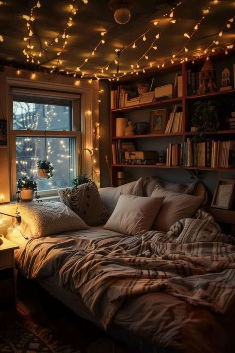 Booklover Bedroom Ideas, Book Corner Ideas Bedroom Cozy Nook Reading Areas Decor, Reading Spot In Bedroom, Booklover Bedroom, Cozy Bookish Bedroom, Reading Area In Bedroom, Comfy Core, Nook Bedroom, Uni House