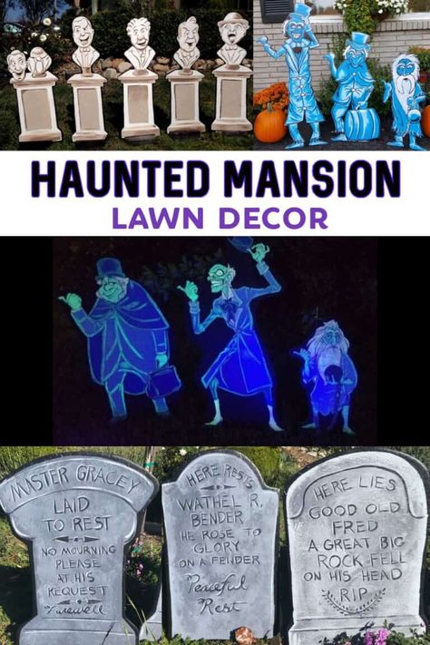 Perfectly Ghoulish Haunted Mansion Gift Ideas for Foolish Mortals Halloween Party Haunted Mansion, Disney Haunted Mansion Yard Decorations, Haunted Mansion Ghost Host, Disney Haunted Mansion Halloween Decor Outdoor, Haunted Mansion Cutouts, Haunted Mansion Singing Heads, Diy Hitchhiking Ghosts, Haunted Mansion Entrance, Disney Halloween Decorations Outdoor Diy