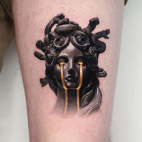 Gold Tattoo Ink, Sweet Pea Tattoo, Berg Tattoo, Medusa Tattoo Design, Surreal Tattoo, Statue Tattoo, Gold Tattoo, Mythology Tattoos, Medusa Tattoo