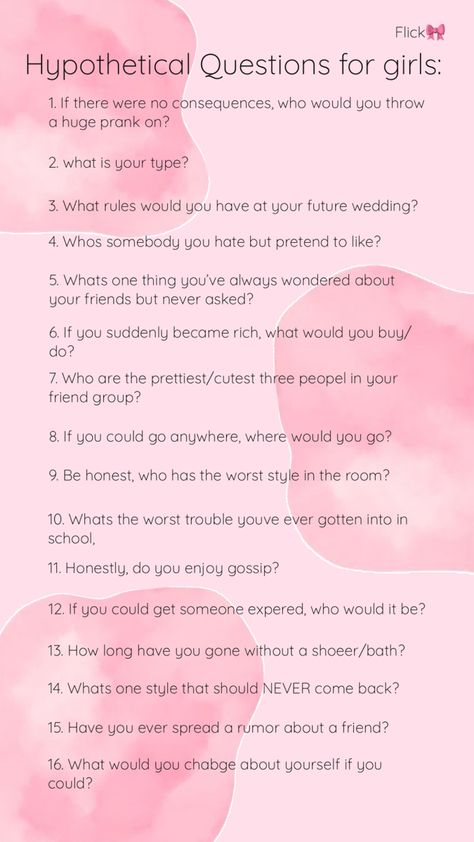 Fun questions for teen girls - Flick🎀 Girl Talk Questions, Talk Topics, Questions For Girls, Q And A Questions, Hypothetical Questions, Fun Questions, Question Game, Girl Advice, Deeper Conversation