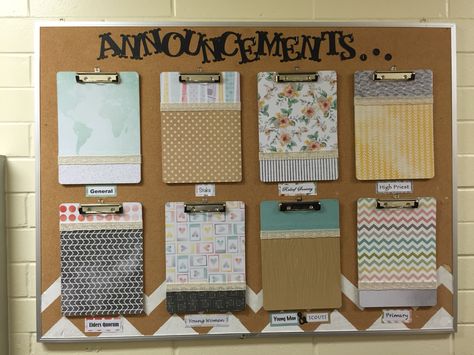 Lds church bulletin board. Church announcements. Neat and organized! Office Bulletin Board Ideas, School Office Organization, Church Announcements, Office Bulletin Boards, Painel Home, Work Bulletin Boards, Bulletin Board Design, Office Organization At Work, Church Office