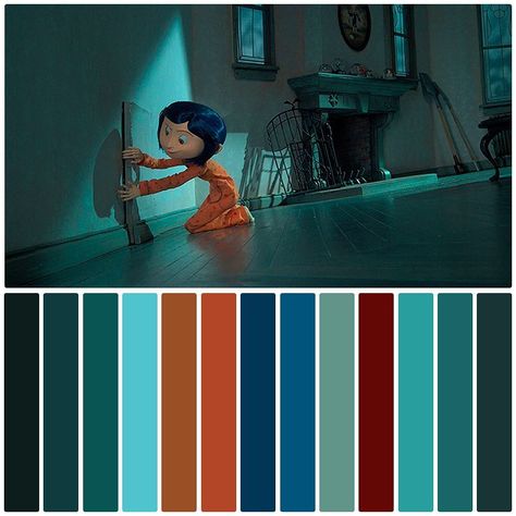 Coraline Color In Film, Movie Color Palette, Famous Movie Scenes, Cinema Colours, Color Script, Disney Colors, Color Film, Blue Colour Palette, Color Palette Design