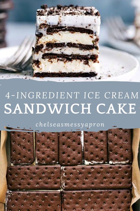 Four-ingredient Ice Cream Sandwich Cake is made with ice cream sandwiches, cookies-and-cream ice cream, and a crushed Oreo whipped cream topping! #dessert #best #quick #easy #simple #treat #fouringredient #icecream #sandwich #cake Homemade Ice Cream Cake With Ice Cream Sandwiches, Ice Cream Cake Made With Ice Cream Sandwiches, Ice Cream Cake With Ice Cream Sandwiches, Oreo Squares, Easy Ice Cream Sandwich Cake, Oreo Whipped Cream, Ice Cream Sandwich Cake Recipe, Cake With Ice Cream, Ice Cream Sandwich Dessert