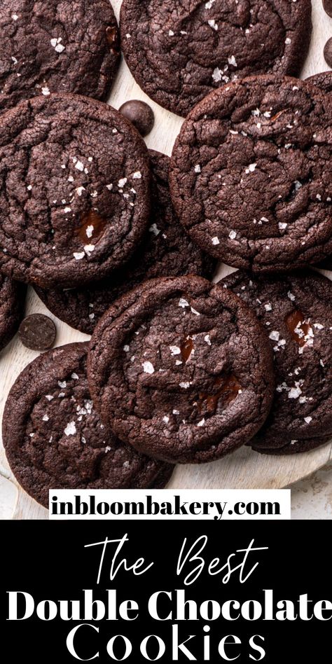 These double chocolate cookies are full dark chocolate flavor, with chewy centers and melty chocolate chips in each bite. These are THE chocolate cookies to make! In Bloom Bakery, Bloom Bakery, Double Chocolate Cookies Recipe, Dark Chocolate Desserts, Dark Chocolate Chip Cookies, Dark Chocolate Recipes, Cookies To Make, Triple Chocolate Cookies, Best Chocolate Desserts