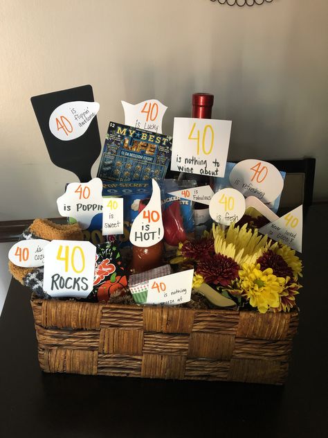 40th Birthday Gift Wrapping Ideas, 40th Ideas For Men, 60 Birthday Basket, Gift Basket 40th Birthday, 40 Year Old Gift Basket, 40's Survival Kit 40th Birthday, 50th Birthday Box Gift Ideas, Homemade 40th Birthday Gifts, 60th Birthday Gift Baskets For Women