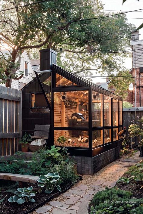 Here’s another upscale chicken coop, this time shaped like a barn. It even has a charming chimney! Garden Greenhouse Chicken Coop, Fancy Chicken Coop Designs, Chicken Coop Cupola, Home Chicken Coop, Glass Chicken Coop, Minimalist Chicken Coop, Mid Century Chicken Coop, Chicken Coop Garden Combo Design, Glam Chicken Coop