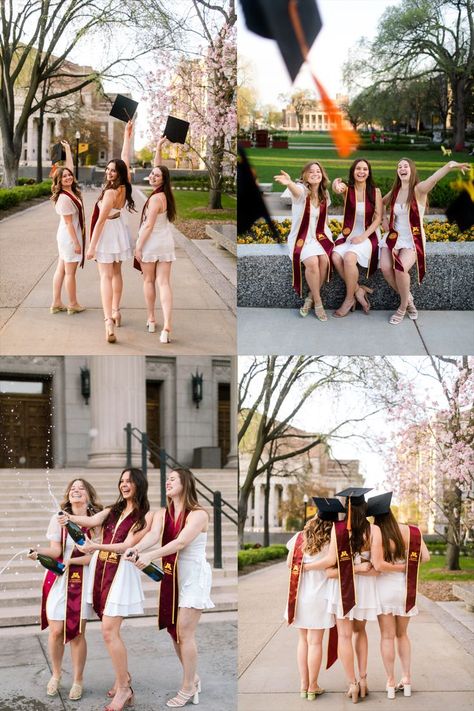 Poses 3 Friends, Friend Group Graduation Pictures, 3 Friends Poses, Graduation Pictures Group, Fun Friend Group, Group Of 3 Poses, Champagne Graduation, Group Graduation Pictures, College Graduation Photoshoot Ideas