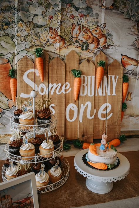 Some Bunny Is 1 Cake, Somebunny Is Turning One Cake, Some Bunny Is One Smash Cake, Easter Themed Birthday Party For Boy, Peter Rabbit First Birthday Party, Easter Themed First Birthday Party, Peter Cottontail Birthday Party, Carrot Birthday Party, Easter First Birthday Boy