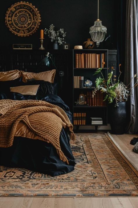 Lose yourself in the ethereal beauty of ebony in a boho bedroom hideaway where layers of texture and soft lighting create a cocoon of comfort and serenity, enveloping you in its soothing embrace.—click to get inspired! Black Bedding Room Ideas For Couples, Black Boho Interior, Dark Wood And Black Bedroom, Black Limewash Bedroom, Dark Bedroom Decor Ideas, Black And Walnut Bedroom, Black And Brown Room Aesthetic, Black Painted Walls Bedroom, Black Bedroom Paint