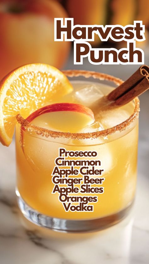 Harvest Punch Fall Cocktails Vodka, Apple Cider Prosecco, Fall Mixed Drinks, Harvest Punch, Fall Punch Recipes, Prosecco Drinks, Ginger Beer Cocktail, Bartender Drinks Recipes, Apple Cider Drink