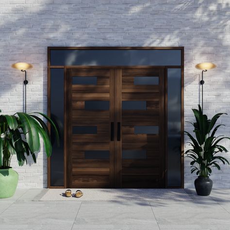 Contemporary Double Front Entry Doors, Wood Double Front Doors, Double Front Doors With Glass, Brownstone Garden, Wooden Double Front Doors, Double Wood Front Doors, Mid Century Modern Front Door, Front Doors With Glass, Door Decoration Ideas