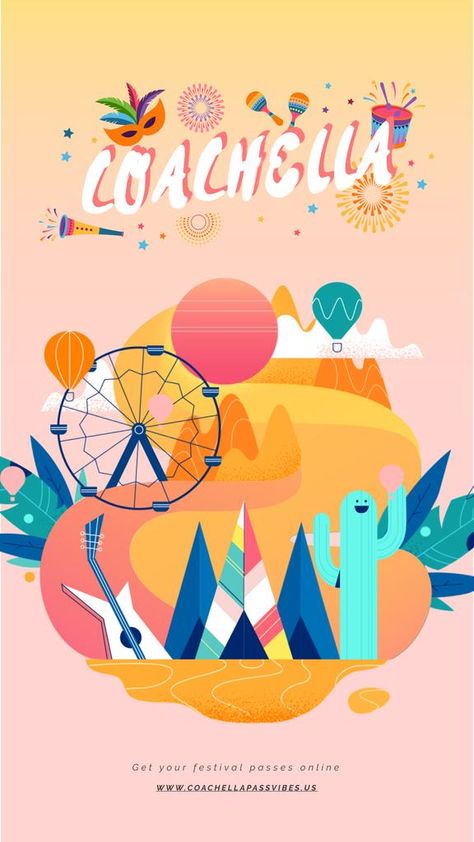 Coachella Graphic Design, Coachella Invitation Template, Coachella Party Invitations, Coachella Poster Design, Beach Festival Poster, Coachella Illustration, Coachella Invitation, Coachella Design, Coachella Graphic